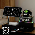 Arenzza 3-in-1 wireless charging station with alarm clock, featuring multiple charging pads and a digital clock display.
