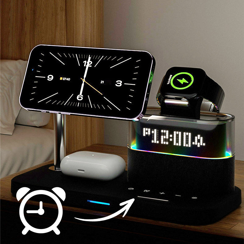 Arenzza 3-in-1 wireless charging station with alarm clock, featuring multiple charging pads and a digital clock display.