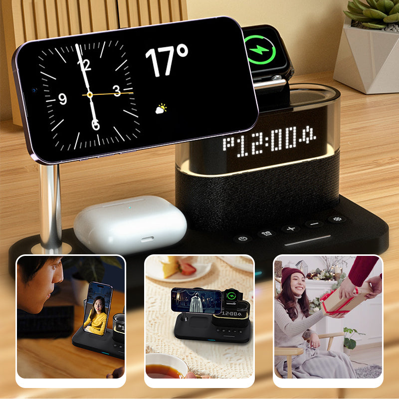 Arenzza 3-in-1 wireless charging station with alarm clock, featuring a sleek modern design for electronic device charging and time display.