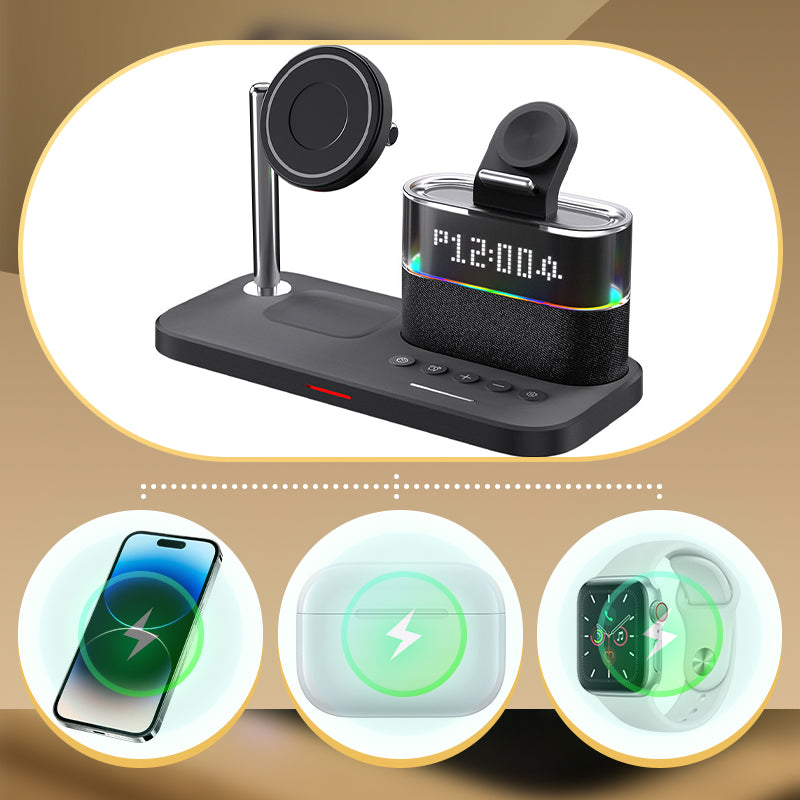 Arenzza 3-in-1 wireless charging station with alarm clock, featuring a sleek design, charging pads, and digital clock display.