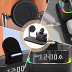 Arenzza 3-in-1 wireless charging station with alarm clock, featuring a sleek electronic design with multiple charging ports and digital display.
