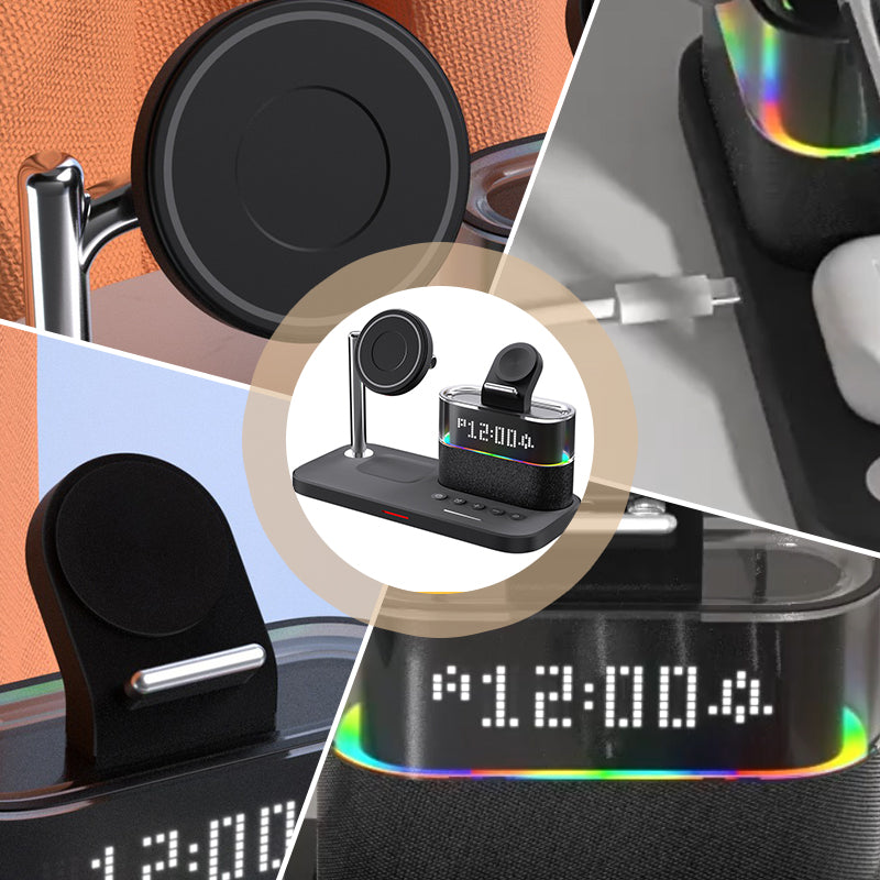 Arenzza 3-in-1 wireless charging station with alarm clock, featuring a sleek electronic design with multiple charging ports and digital display.