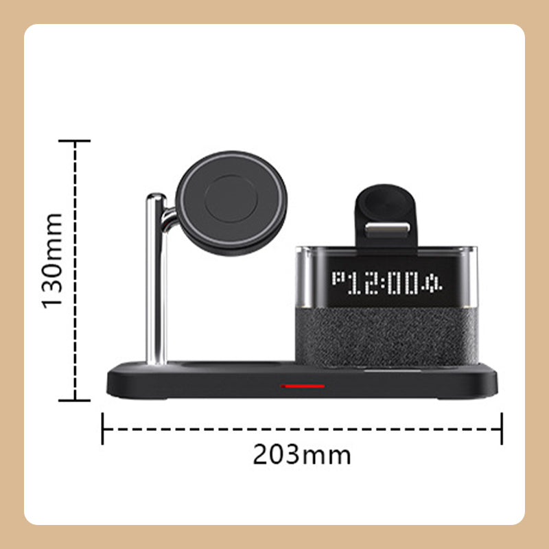 Arenzza 3-in-1 wireless charging station with alarm clock, featuring a sleek electronic design and multiple charging ports.