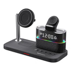 Arenzza 3-in-1 wireless charging station with alarm clock, featuring a sleek design for charging smartphones and devices.