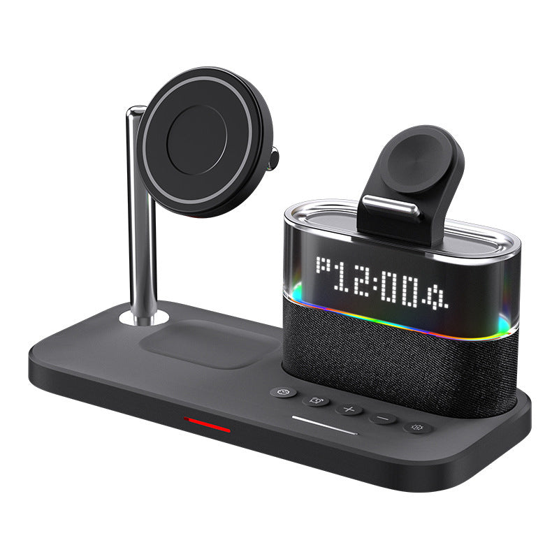 Arenzza 3-in-1 wireless charging station with alarm clock, featuring a sleek design for charging smartphones and devices.