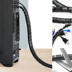 Arenzza anti-bite cable ties and wire organizers with black cable sleeves for cable management and protection.