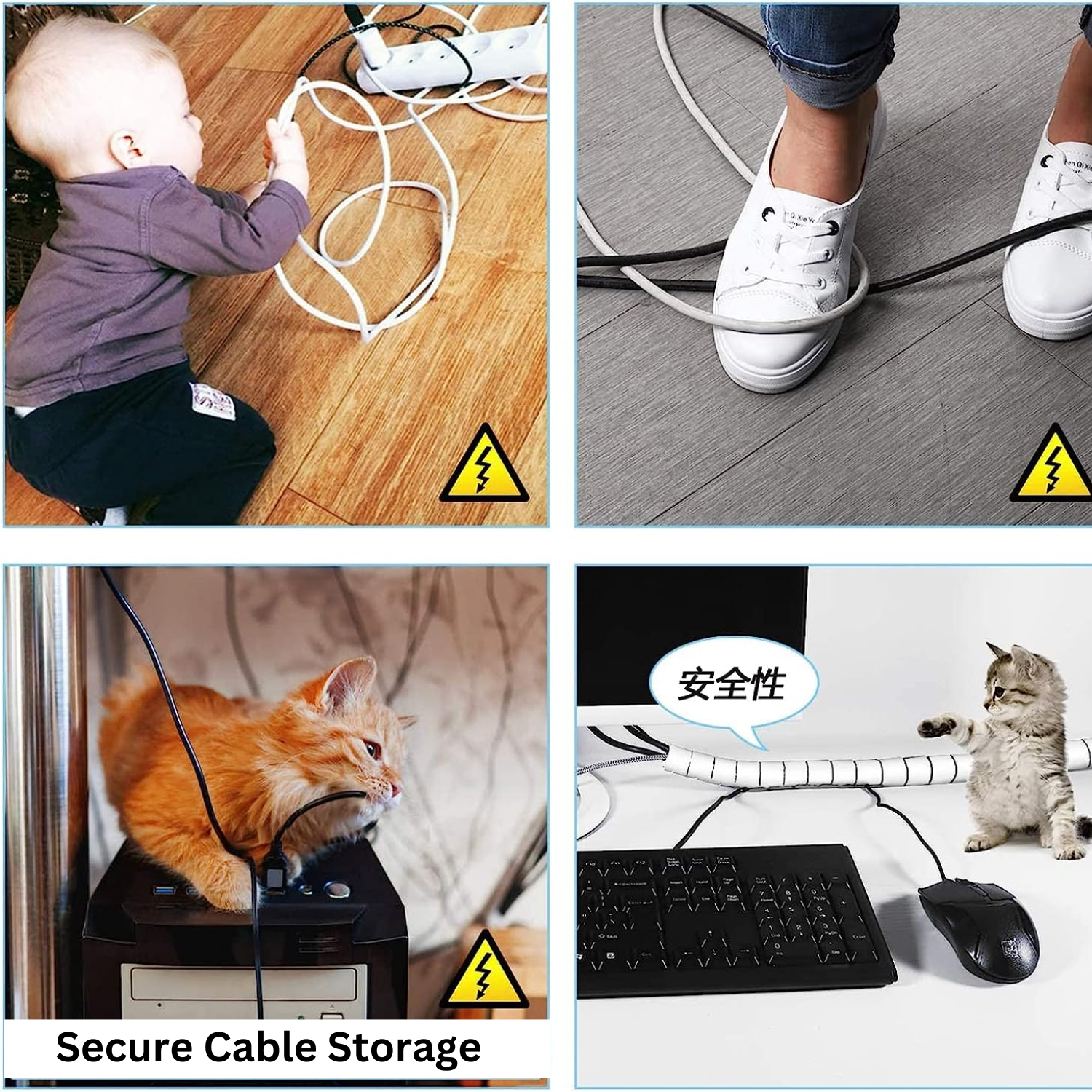 Arenzza anti-bite cable ties for organizing wires and cables, shown securing multiple cables with protective sleeve.