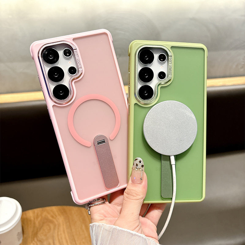 Arenzza magnetic phone case with stand for Galaxy series, black with textured surface, showing front and back views.