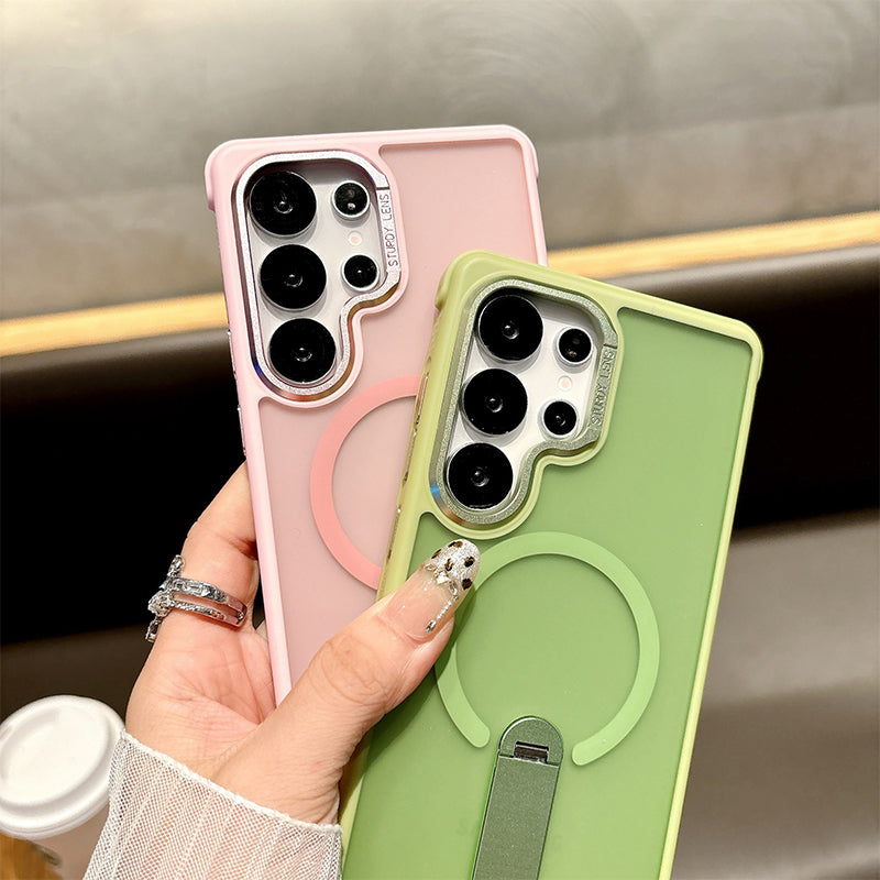 Arenzza magnetic phone case with stand for Galaxy series, showing the black protective case with built-in stand feature.