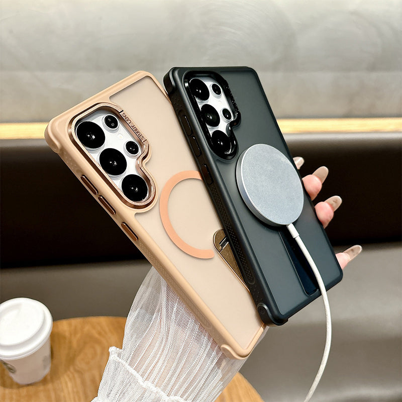Arenzza magnetic phone case with stand for Galaxy series smartphones, featuring a sleek black design and built-in stand functionality.