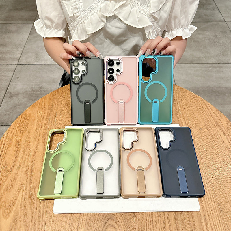 Arenzza magnetic phone case with stand for Galaxy series, featuring a sleek black design and built-in stand for hands-free use.