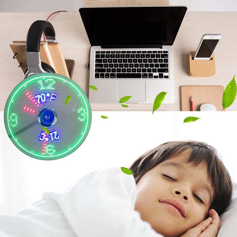 Arenzza USB fan with LED clock and lighting, compact electronic accessory with adjustable fan blades and illuminated display.