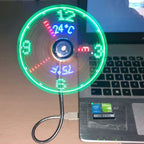 Arenzza USB fan with LED clock and lighting, compact electronic accessory with adjustable blades and digital display.