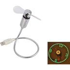 Arenzza USB fan with LED clock display, compact electronic accessory featuring lighting and cooling functions.