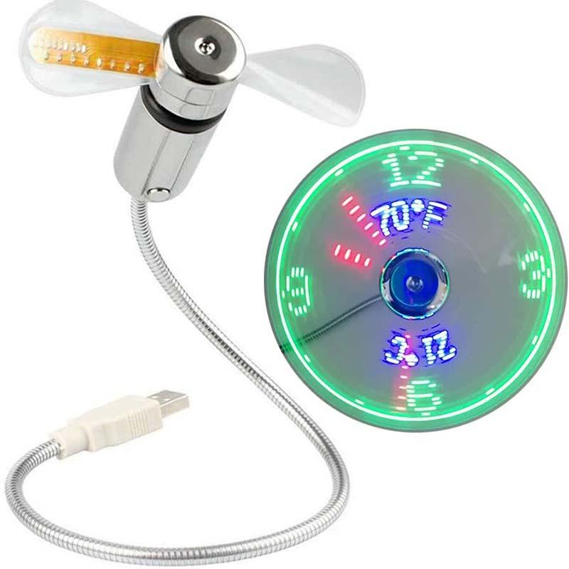 Arenzza USB fan with LED clock and lighting, compact electronic accessory featuring a sleek design and illuminated display.