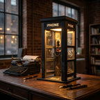 A vintage phone booth ambient lamp by Arenzza, styled like a classic phone booth, providing warm decorative lighting.