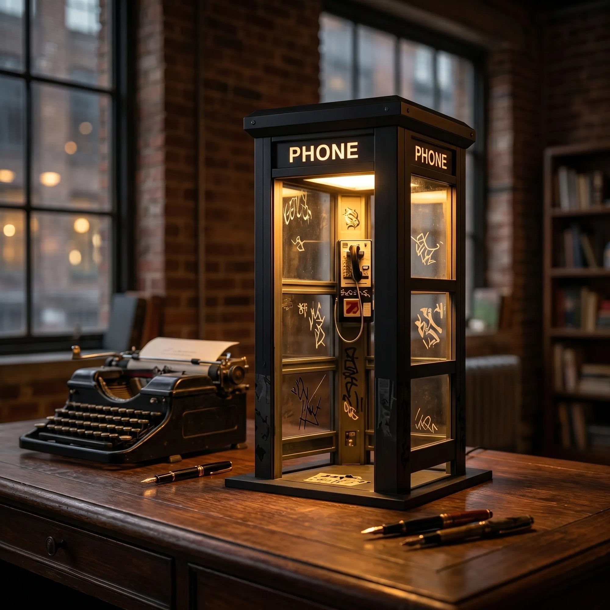 A vintage phone booth ambient lamp by Arenzza, styled like a classic phone booth, providing warm decorative lighting.