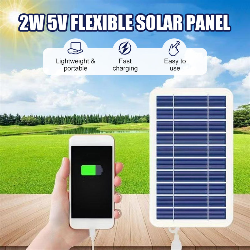 Arenzza SunFlex™ 2W ultra-thin flexible solar charger with 5V USB output, shown folded with solar panels and USB port visible.