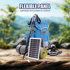 Arenzza SunFlex™ 2W ultra-thin flexible solar charger with 5V USB output, shown folded and extended in a natural outdoor setting.