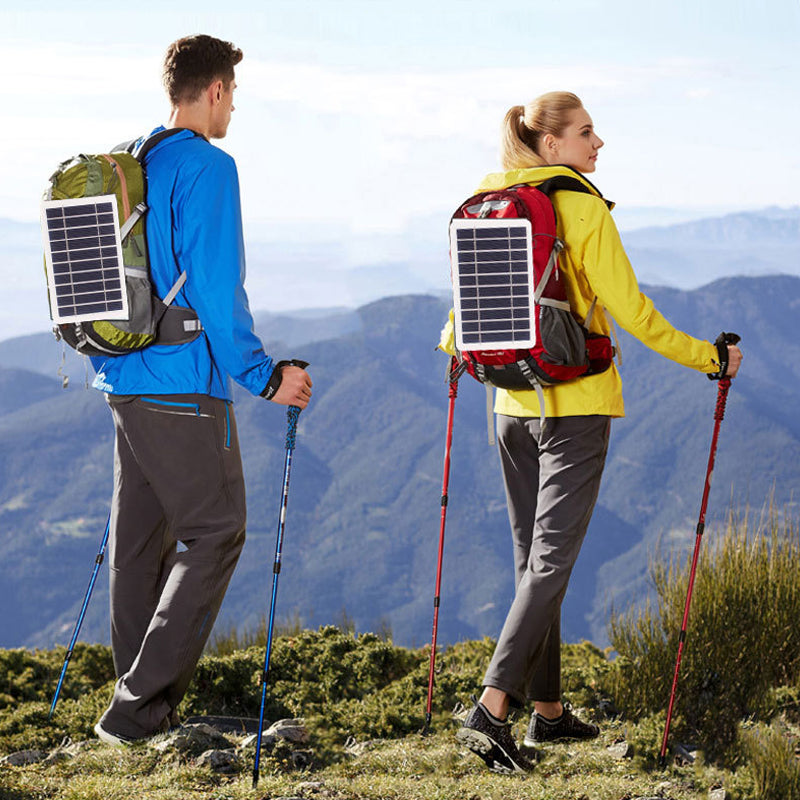 Arenzza SunFlex™ 2W ultra-thin flexible solar charger with 5V USB output, shown folded with solar panels and USB port visible.