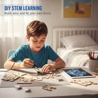 A wooden drone building kit by Arenzza with various electronic components and tools for DIY drone assembly.