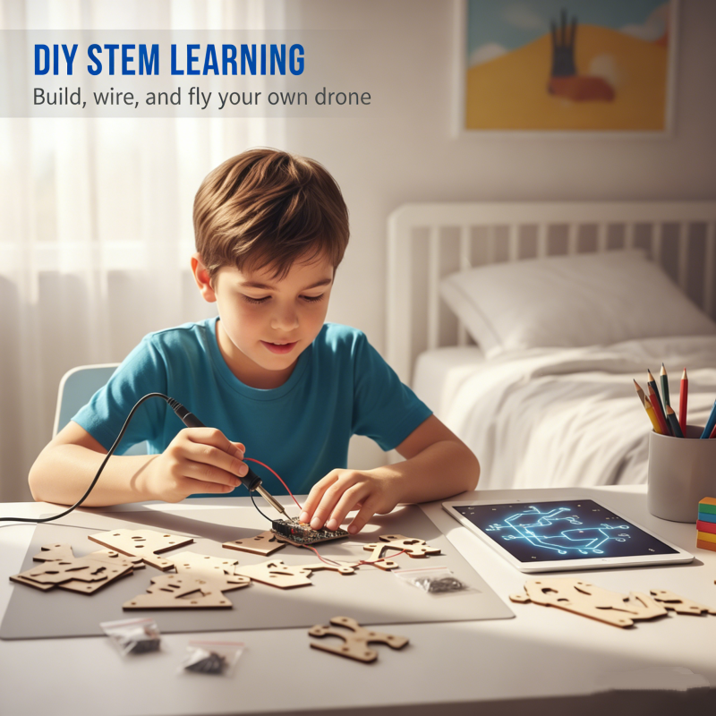 A wooden drone building kit by Arenzza with various electronic components and tools for DIY drone assembly.