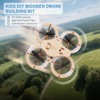 A wooden drone building kit by Arenzza featuring electronic components and accessories for DIY drone assembly.