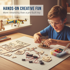 A wooden drone building kit by Arenzza with various electronic components and parts for DIY drone assembly.