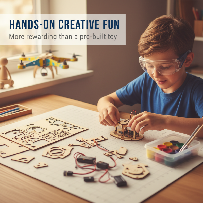 A wooden drone building kit by Arenzza with various electronic components and parts for DIY drone assembly.