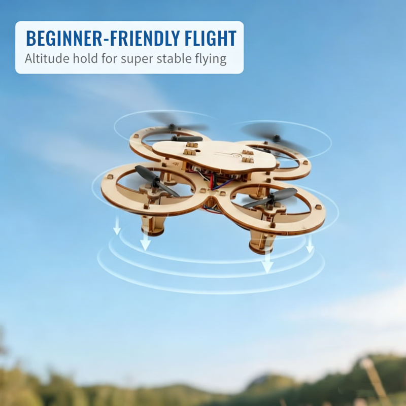 A wooden drone building kit by Arenzza, featuring various electronic components and wooden parts for DIY drone assembly.