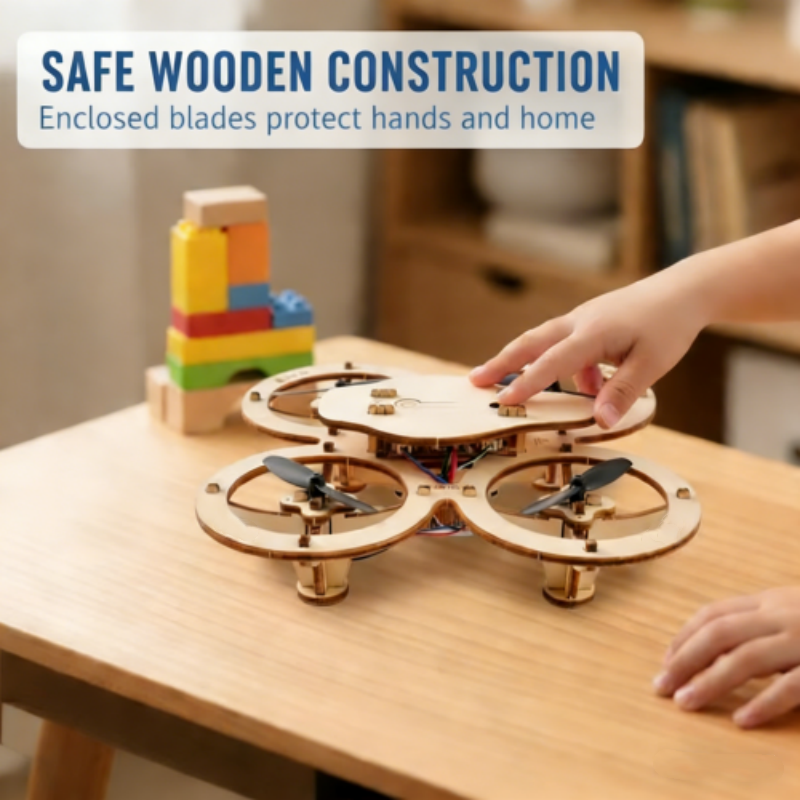 A wooden drone building kit from Arenzza, featuring electronic components and accessories for DIY drone construction.