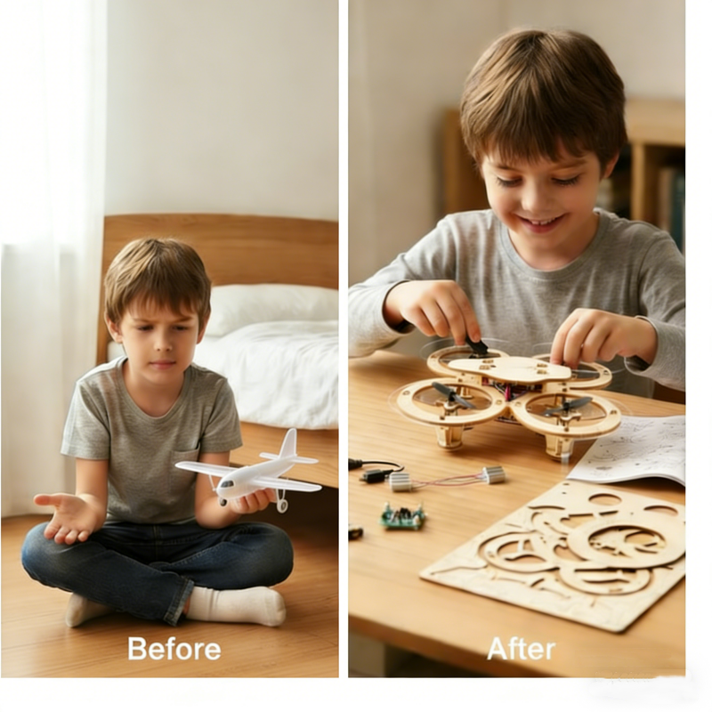 A DIY wooden drone building kit by Arenzza with various wooden parts and tools for assembling a custom electronic drone.
