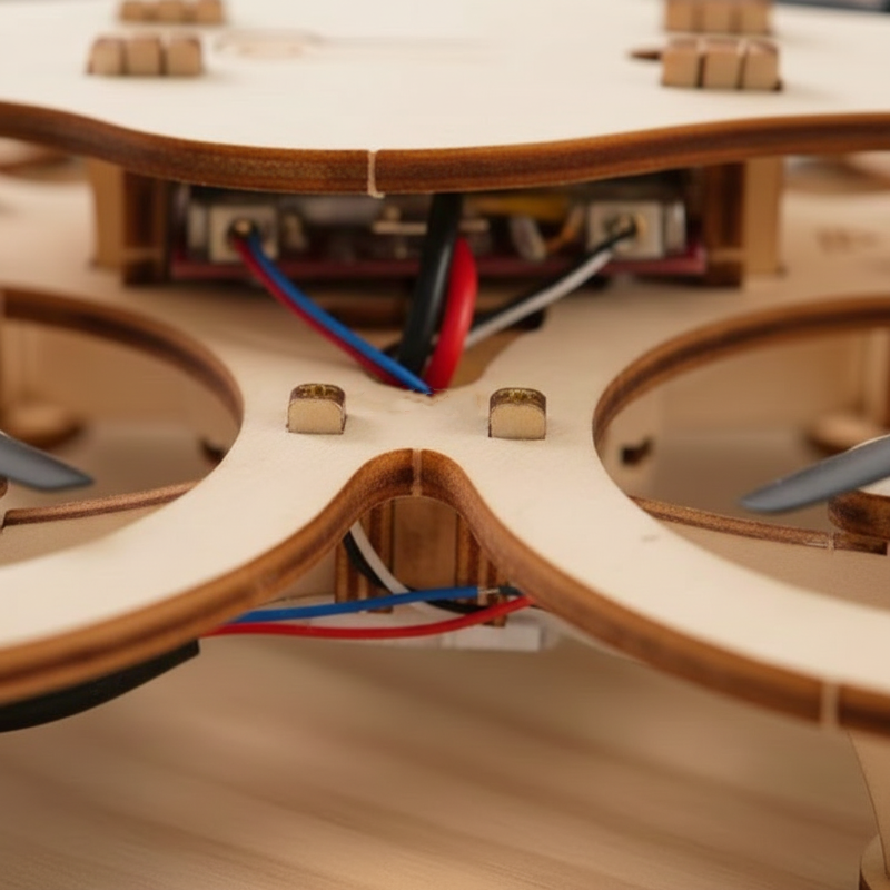 A wooden drone building kit from Arenzza featuring electronic components and accessories for DIY drone assembly.