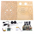 A wooden drone building kit by Arenzza featuring electronic components, wooden parts, and assembly tools for DIY drone construction.