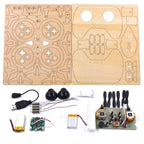 A wooden drone building kit by Arenzza featuring electronic components, wooden parts, and assembly tools for DIY drone construction.