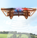 A wooden DIY drone building kit by Arenzza with electronic components, tools, and instructions for assembling a drone.