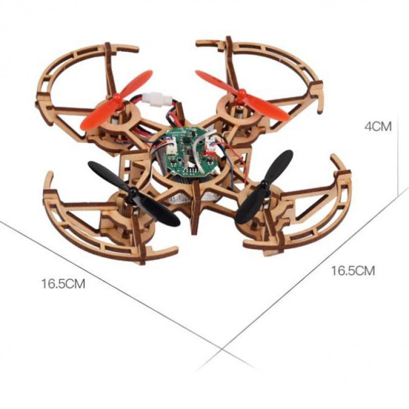 Aarenza DIY wooden drone building kit with electronic components and accessories, assembled with wooden parts and drone electronics.