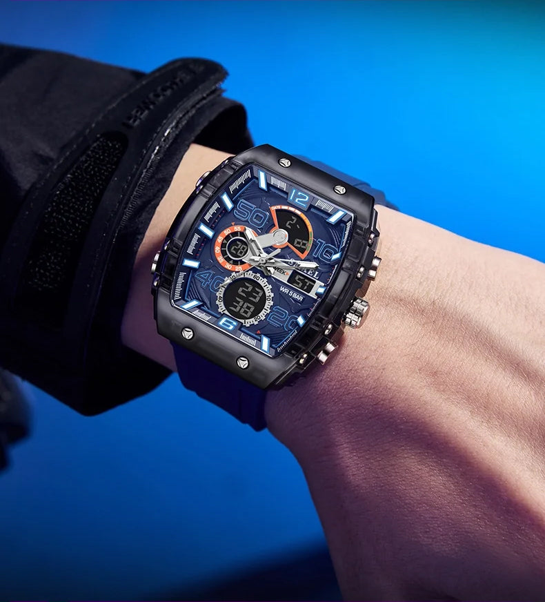 Arenzza multi-function digital sport and casual watch displaying time, date, and various digital features on a black strap.