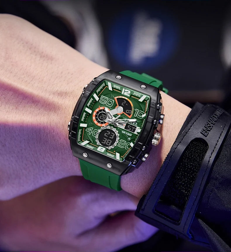 Arenzza multi-function digital watch displaying time, date, and sports features on a black strap and digital display.