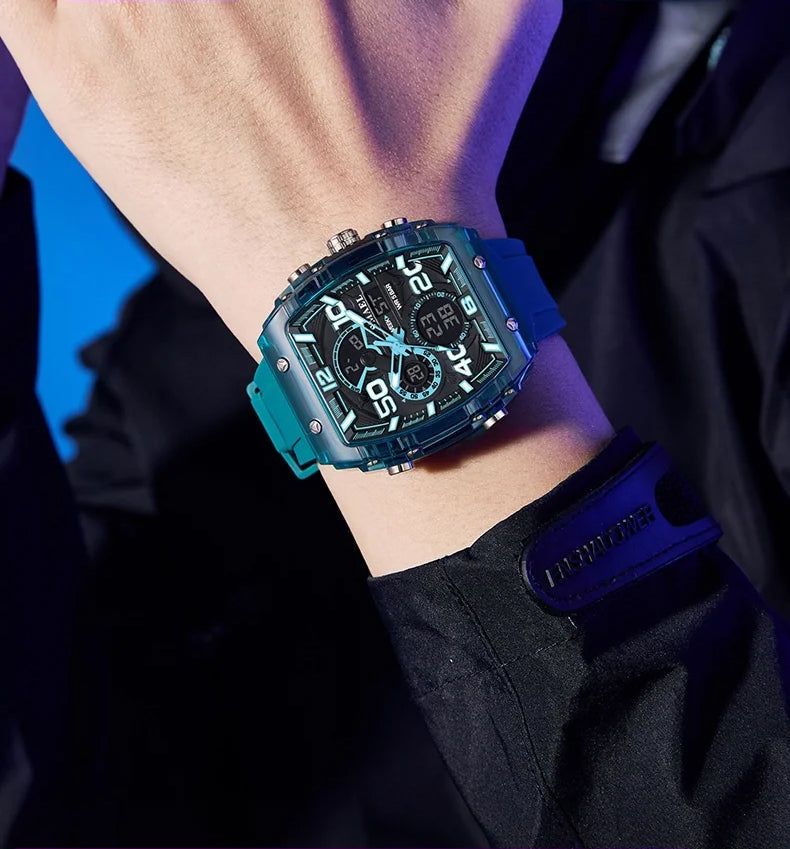 Arenzza multi-function digital sport and casual watch with black strap and digital display showing time and date on a white background.