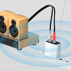 Arenzza wireless Bluetooth 5.0 audio receiver showing device connected with audio cable and LED indicator lights.