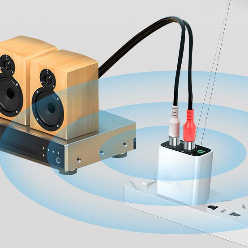 Arenzza wireless Bluetooth 5.0 audio receiver showing device connected with audio cable and LED indicator lights.
