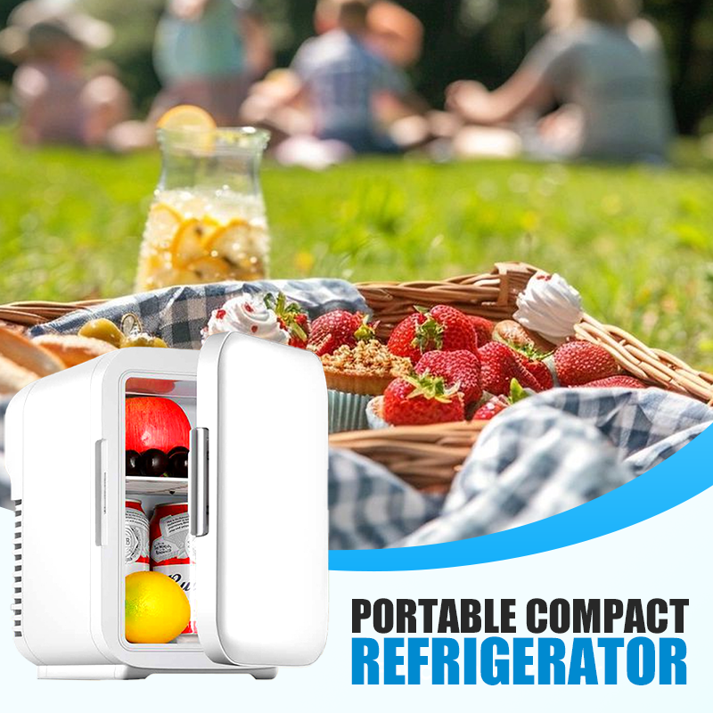 Arenzza 4L mini car refrigerator for cooling drinks and snacks, compact portable electronics accessory, on a car interior.
