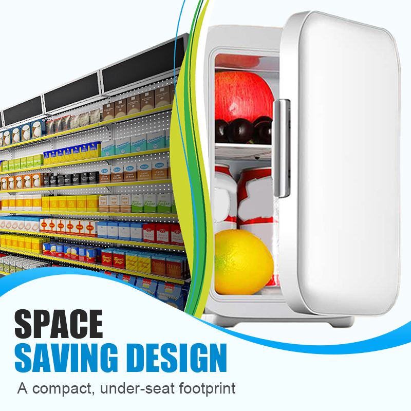 Arenzza 4L mini car refrigerator for keeping drinks and snacks cool, compact and portable electronics accessory in a vehicle.