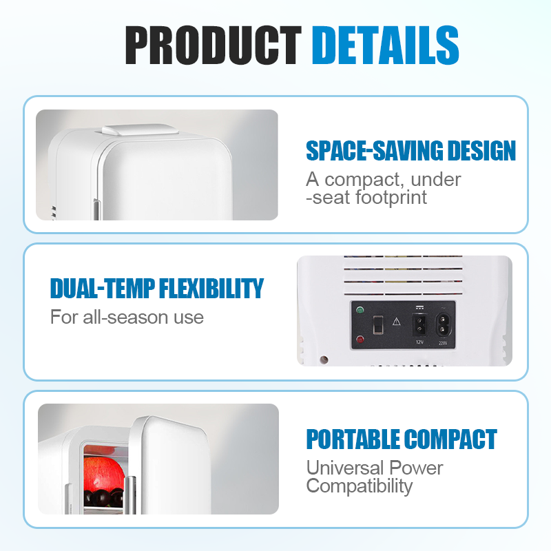 Arenzza 4L mini car refrigerator with compact design, showing its portable cooler for drinks and snacks in a car interior.