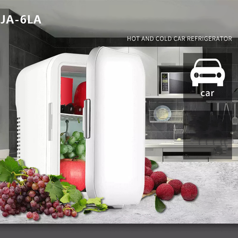 Arenzza 4L Mini Car Refrigerator showing a compact, portable design with drinks and snacks inside for on-the-go cooling.