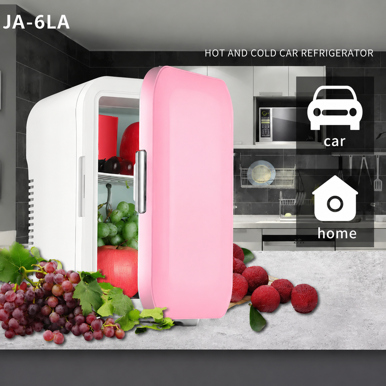 Arenzza 4L mini car refrigerator, compact portable cooler for drinks and snacks, with a sleek black design and digital control panel.