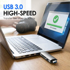 Arenzza 6-in-1 USB 3.0 OTG card reader with multiple slots for SD, microSD, and USB devices, shown connected to a laptop.