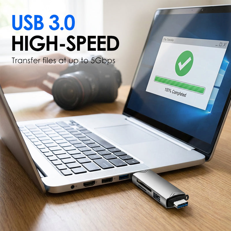 Arenzza 6-in-1 USB 3.0 OTG card reader with multiple slots for SD, microSD, and USB devices, shown connected to a laptop.