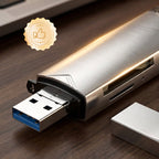 Arenzza 6-in-1 USB 3.0 OTG card reader showing multiple card slots and USB connector, used for data transfer and storage.